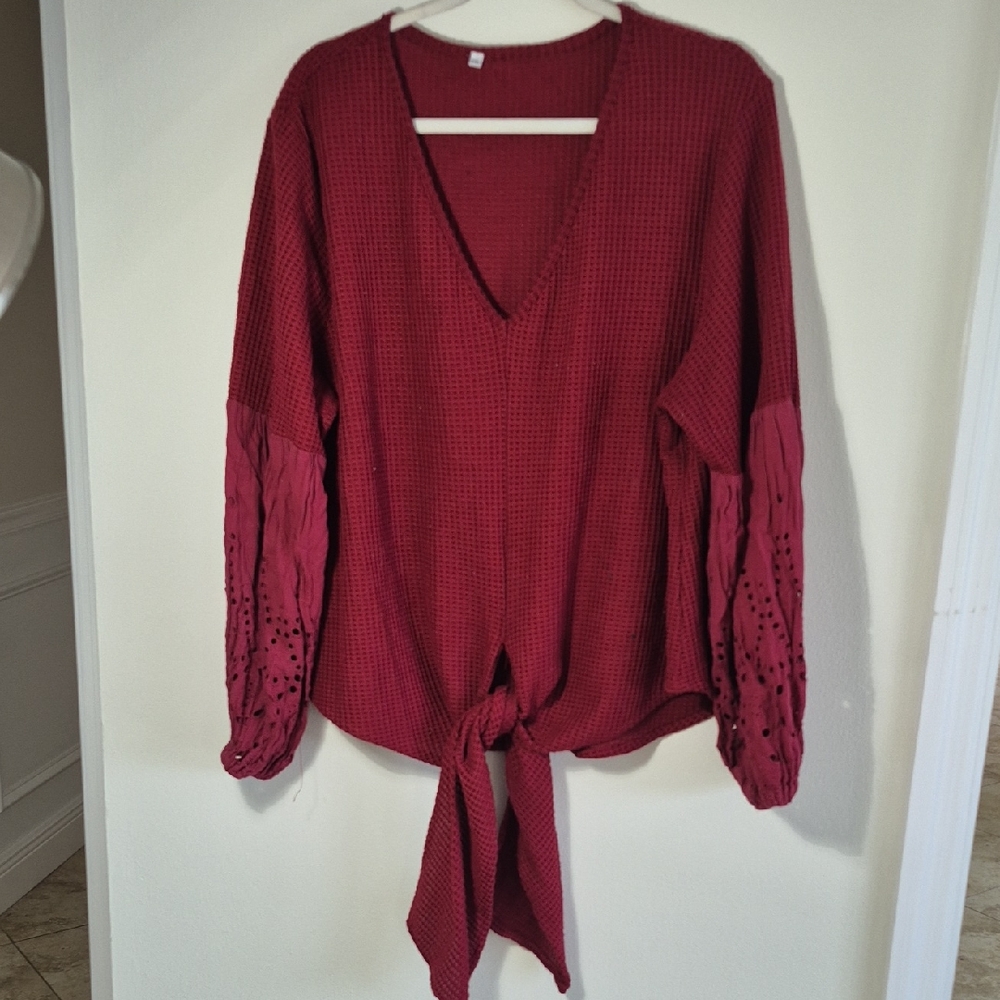 Elegant V-Neck Tie-Front Blouse - Womens Plus 2X Burgundy